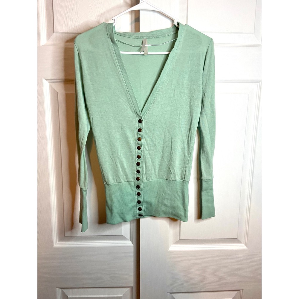 Mint Green Cardigan Sweater Lightweight Cotton Blend V Neck Button Front Ribbed